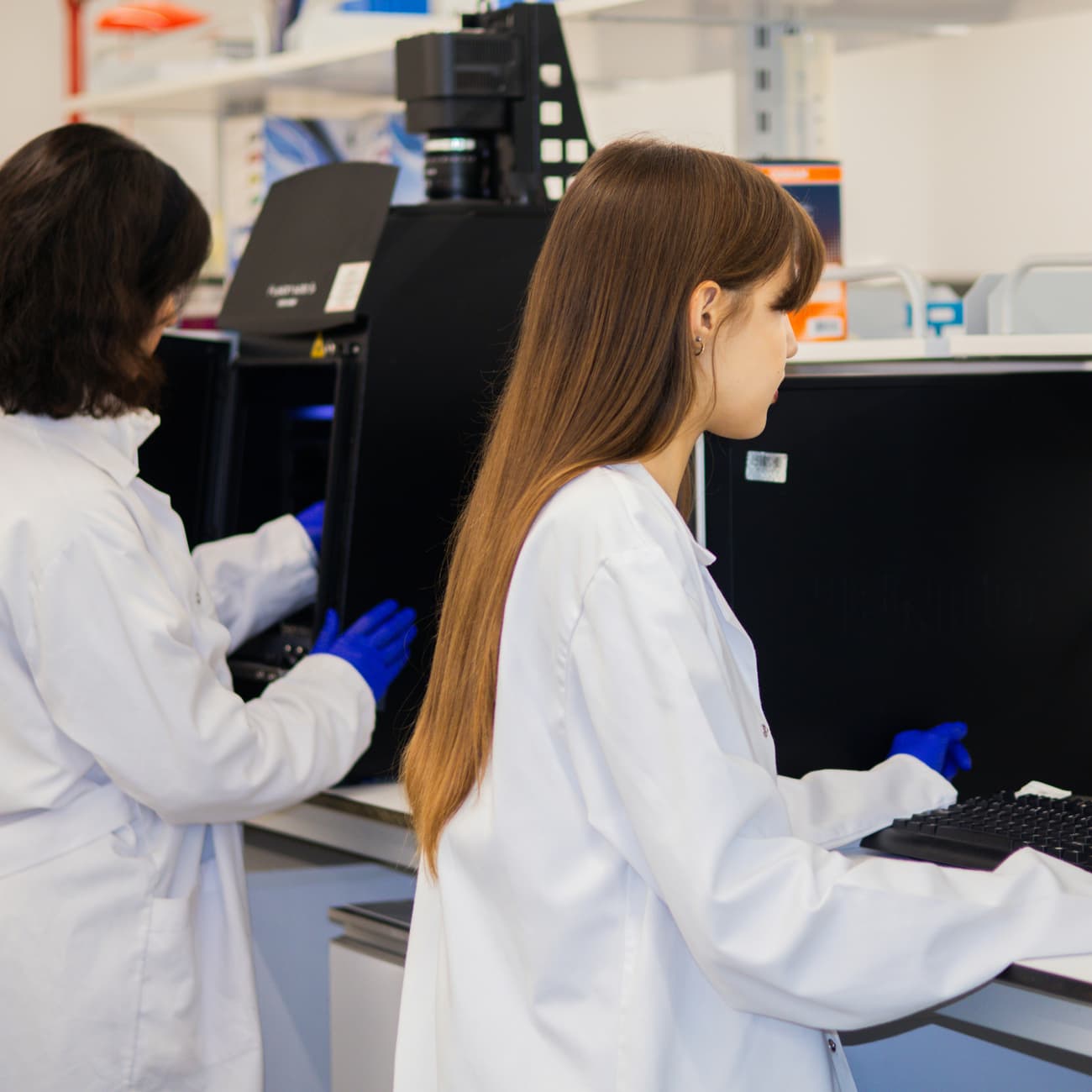 Two scientists working at lab instruments